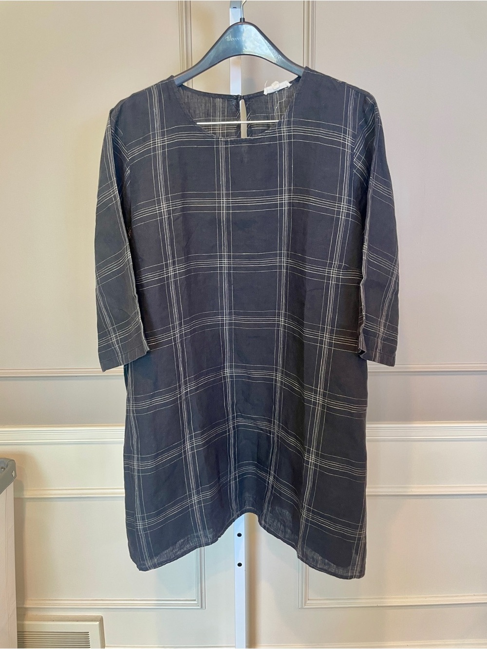 Eileen Fisher 3X Tunic Top 100% Organic Linen Windowpane Black Plaid Popover